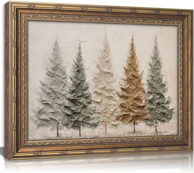 Vintage Gold Framed Christmas Tree Wall Art, 3D Textured Pine Tree Print - skull painting