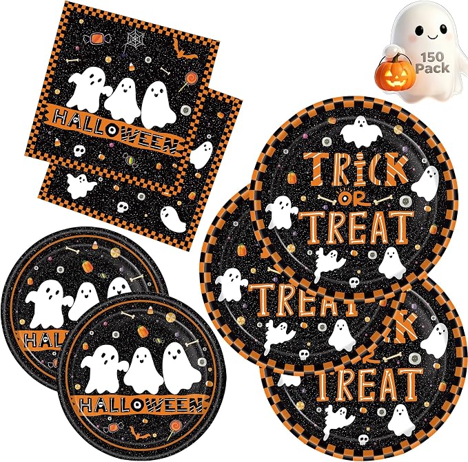 150Pcs Halloween Party Supplies Cute Ghost Trick or Treat Set, Serves 50 - skull plate
