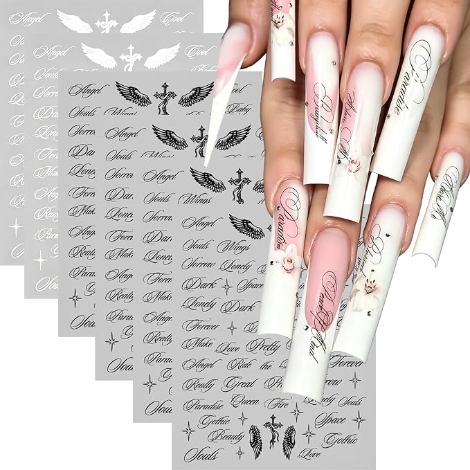 6PCS Minimalist Black & White Gothic Letter Nail Art Stickers Decals - skull sticker