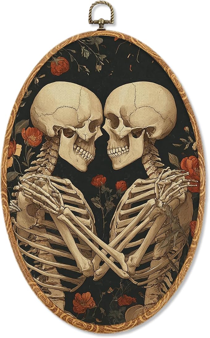 XUNLURY Gothic Skeleton Couples Halloween Oval Wall Art 8.5x11.5in - skull wall art