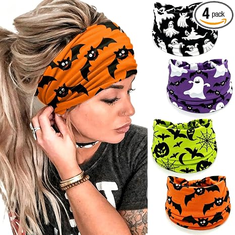 IDDFEVE 4Pcs Halloween Headbands for Women,Purple Green Spooky Bat Hairband - skull headband
