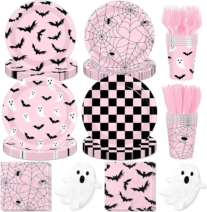 Halloween Paper Plates and Napkins - Pink Halloween Decor Tableware Set Ghost Bat Party Plates Napkins for halloween Birthday,Baby Shower Party Supplies Serves 24 - skull plate