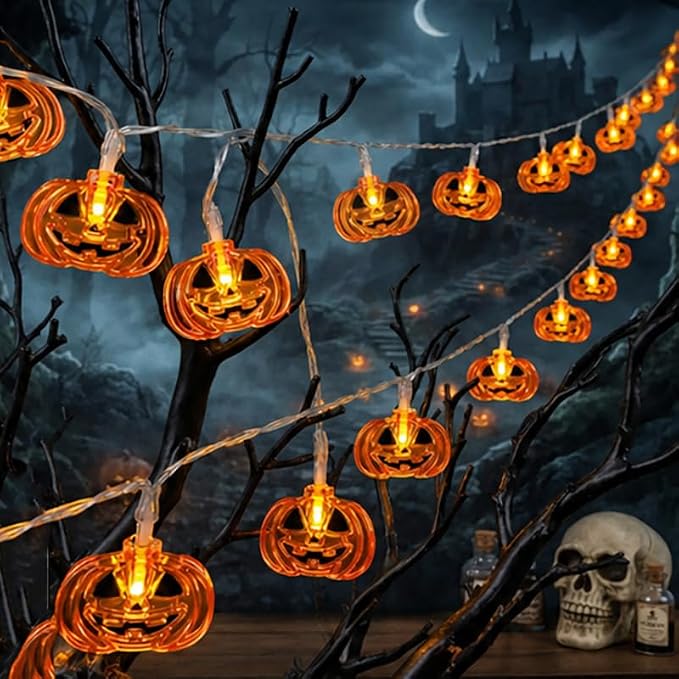 Halloween 10 FT (3M) Pumpkin String Lights, 20 LED Jack O Lantern Lights, Battery Operated Halloween Decorations for Indoor Outdoor Party, Home, Window, Patio, Garden - string light