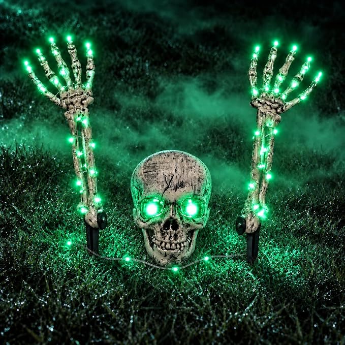 Halloween Decoration Outdoor, 3-Piece Green LED Skeleton Stake Set