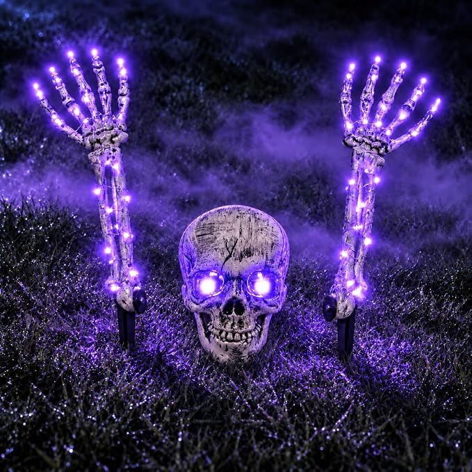 Halloween Decoration Outdoor, 3-Piece Purple LED Skeleton Stake Set - skeleton
