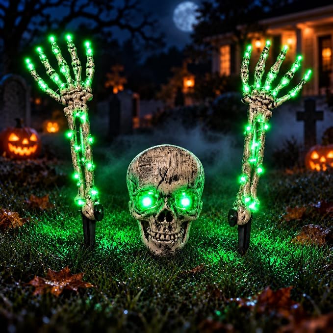 Halloween Outdoor Skeleton Decorations – 3-Piece Green LED Yard Stakes, Glowing-Eye Skull & Lighted Bone Arms, 8 Light Modes, Battery Powered for Lawn, Pathway & Graveyard