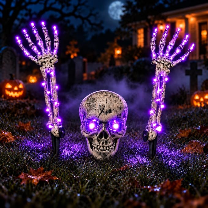 Halloween Outdoor Skeleton Decorations - 3-Piece Purple LED Yard Stakes, Glowing-Eye Skull & Lighted Bone Arms, 8 Light Modes, Battery Powered for Lawn, Pathway & Graveyard - skeleton