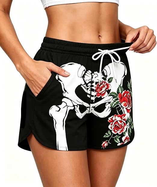Roshop Halloween Shorts Women‘s Printed Board Shorts - skull swimsuit