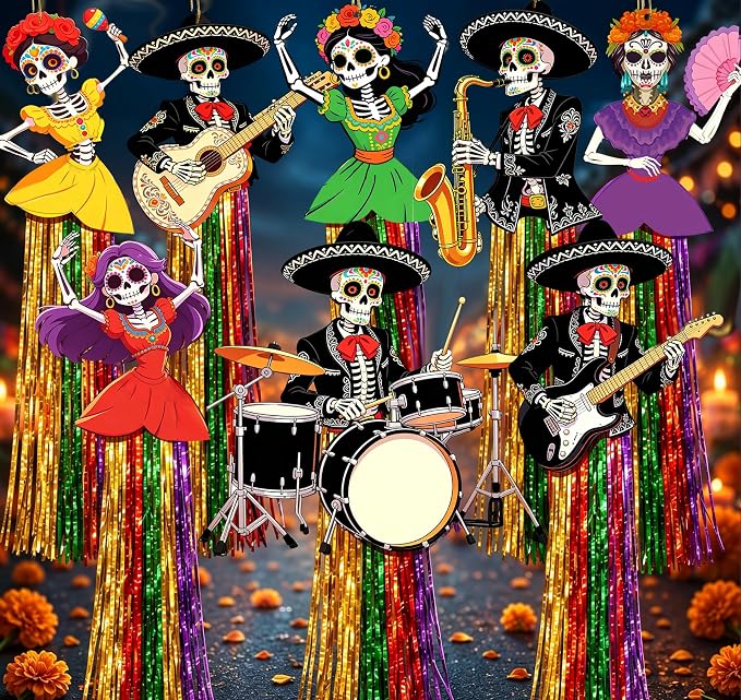 8 Pcs Day of the Dead Hanging Decorations, Dia de Los Muertos Sugar Skull - skull inflatable