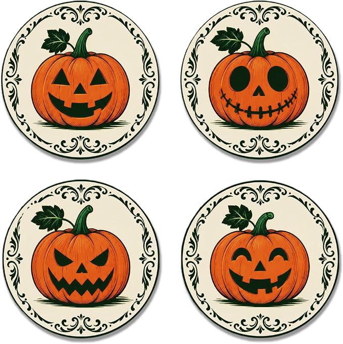 Funny Halloween Ceramic Coasters Set of 4 with Cork Bace, Pumpkin Round Coasters, Cute Coasters for Halloween Party, Home, Bar, Office Table Décor - skull coaster