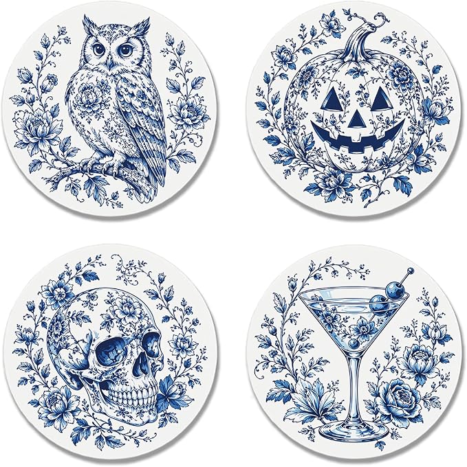 Funny Halloween Ceramic Coasters Set of 4 with Cork Bace, Skull Owl Pumpkin Round Coasters, Cute Coasters for Halloween Party, Home, Bar, Office Table Décor - skull coaster