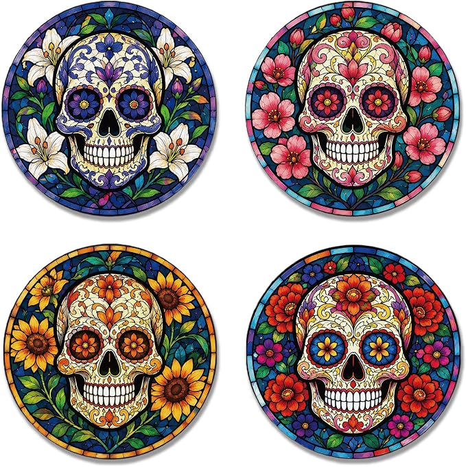 Funny Skull Ceramic Coasters Set of 4 with Cork Bace, Mexican Sugar Skull Floral Round Coasters, The Day of Dead Gifts, Cute Coasters for Home, Bar, Office Table Décor - skull coaster