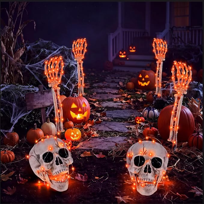 Novabright 6 Pcs LED Halloween Skeleton Yard Stakes Graveyard Decor, Orange - string light