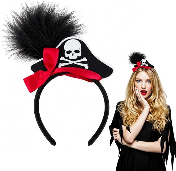 Pirate Hat Hairband with Feather and Red Bow, Pirate Headband for Women, Halloween Headband Costume Hair Accessory for Parties and Photos - skull headband