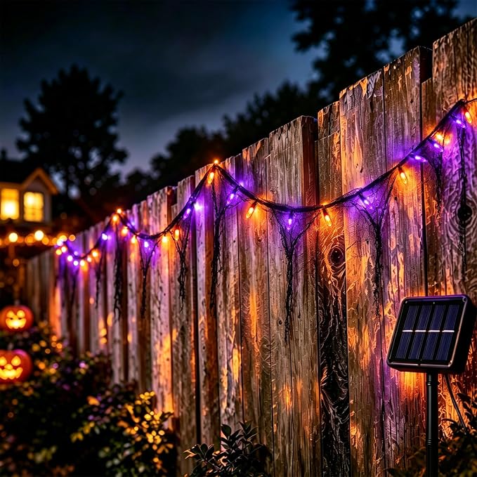 Solar Halloween Lights Outdoor, Orange and Purple 30LED with Black Gauze - string light