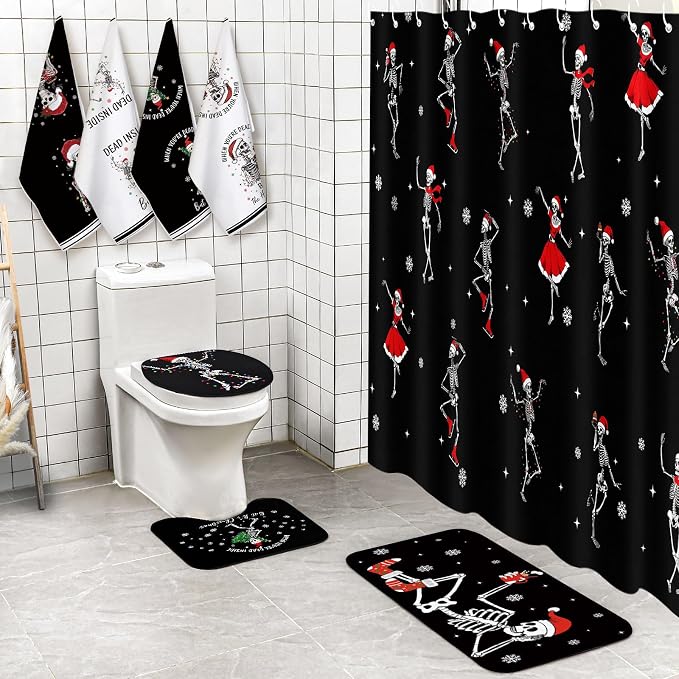 VitalCozy 8Pcs Christmas Skeleton Shower Curtain Set Bathroom Accessory - skeleton