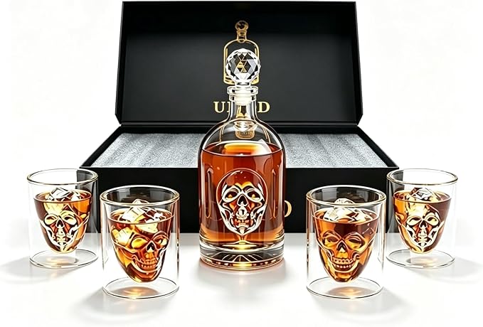3D Skull Decanter Set with 4 Glasses - Vintage Gothic Glass Whiskey & Tequila Bottle - Lead-Free Liquor Dispenser - Unique Gift Set for Men & Day of the Dead Home Bar Decor - skull bottle