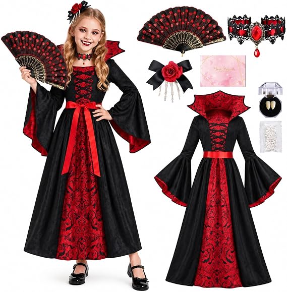 Vampire Costume for Girls 4-12 Years, Gothic Victorian Vampiress Dress Set - sugar skull costume
