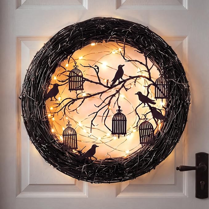 Cindeer 11.8" Halloween Black Wreath with Lights Gothic Raven Twig Wreath - skull wreath