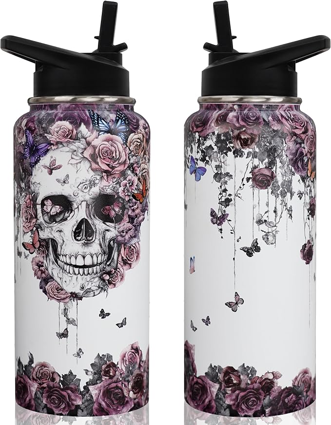 Insulated Skull Water Bottle 32 oz, Reusable Leakproof Water Bottle with Straw and Lid, Skull Gifts for Women - sugar skull boots