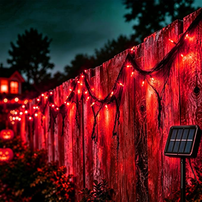 Solar Halloween Decorations Lights Outdoor, Red 30LED with Black Gauze - string light