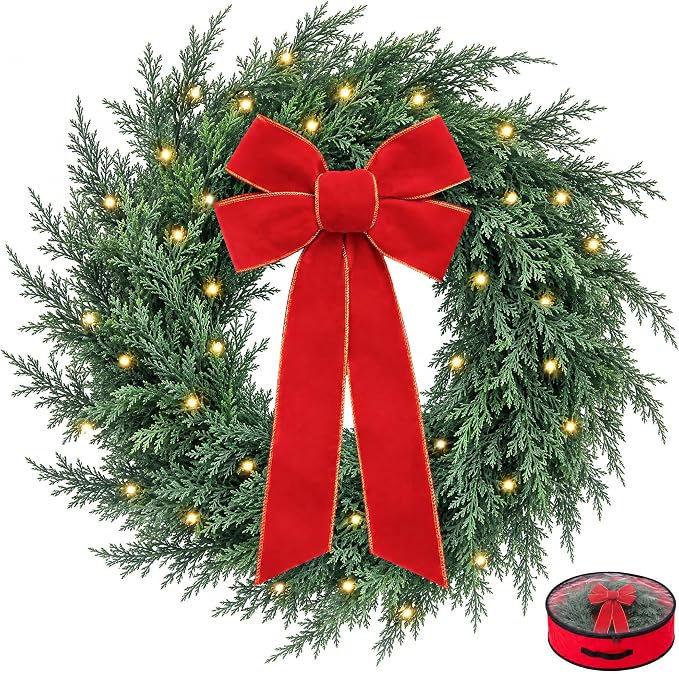 26 Inch Cedar Pine Christmas Wreath for Front Door, Real Touch & Pre-Lit Xmas Door Wreath with Storage Bag & Velvet Red Bow, Large Greenery Wreath for Porch Wall Garage Outdoor Decoration - skull wreath