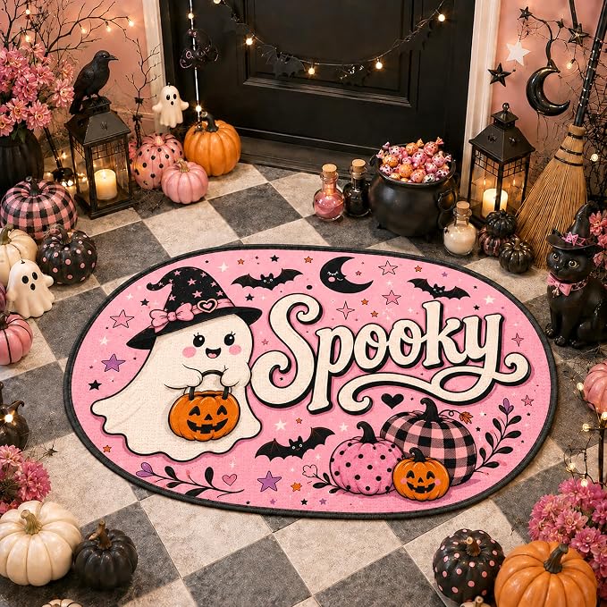 nakupenda Bathroom Rugs Pink Halloween Rug Cute Bath Mat with Spooky Ghost