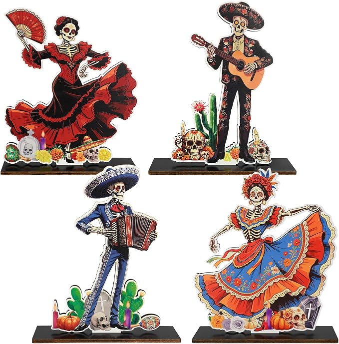 4PCS Day of The Dead Centerpieces Decorations for Dia De Los Muertos Altar - skull figurine