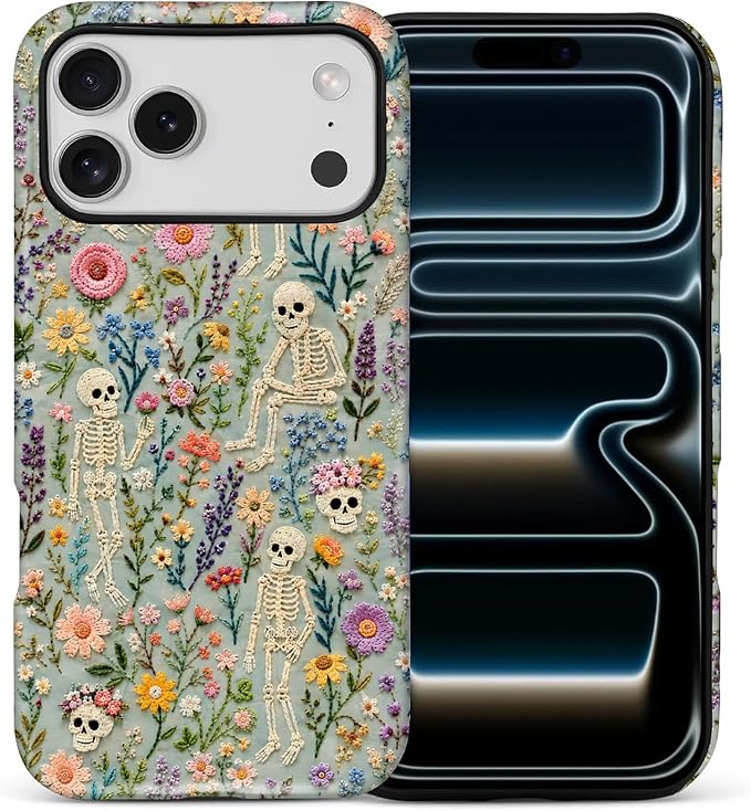 Dual‑Layer Case for iPhone 17 Pro Max/18 Pro Max,Full‑Body Protection,Shockproof TPU + PC Hybrid Phone Case,Knitted Skull Floral - Skull phone case