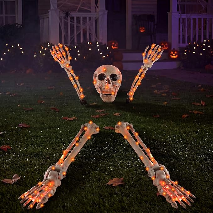 Novabright 5 Pcs LED Skeleton Stakes Halloween Outdoor Yard Decor, Orange - string light