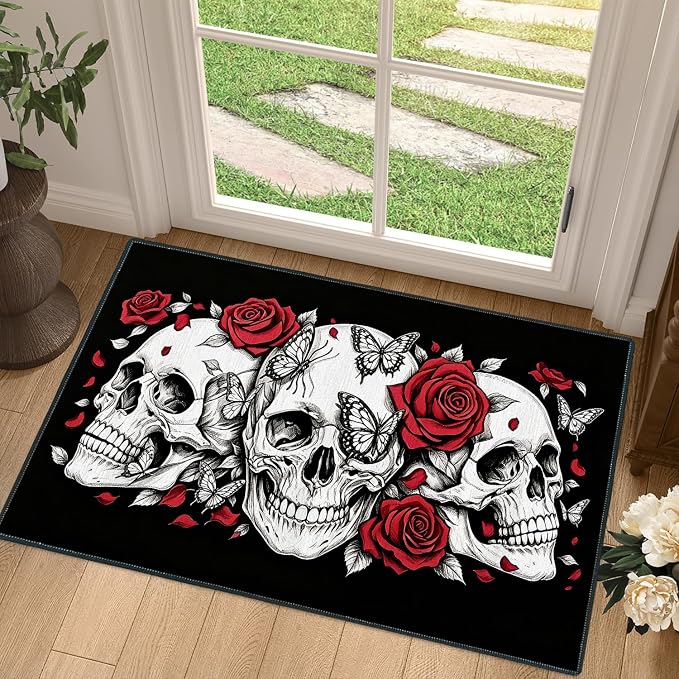 Gothic Halloween Area Rug 2×3,Non-Slip Low Pile Doormat,Skull with Red Rose Butterfly Horror Skeleton Mat,Indoor Outdoor Entry Rug with Dot Backing for Entryway,Front Door,Kitchen,Home Decor