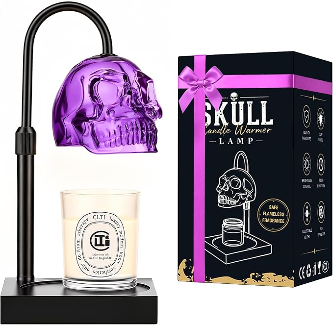 Skull Candle Warmer Lamp with Timer & Dimmer, Gothic Skull Wax Warmer Lamp for Jar Candles, Adjustable Height Skeleton Candle Light Warmer with 2 Bulbs, Spooky Goth Home Decor Gifts (Purple, 1pack) - skull candle