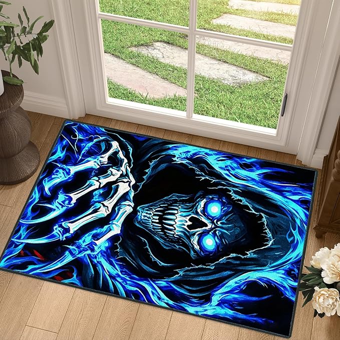 Grim Reaper Halloween Doormat 2x3,Non-Slip Low Pile Entry Rug,Spooky Skeleton with Glowing Eyes Horror Mat,Indoor Outdoor Floor Mat with Dot Backing for Entryway,Front Door,Kitchen,Home Decor - skull floor mat