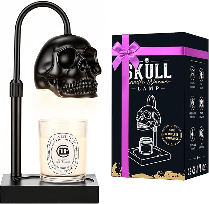 Skull Candle Warmer Lamp with Timer & Dimmer, Gothic Skull Wax Warmer Lamp for Jar Candles, Adjustable Height Skeleton Candle Light Warmer with 2 Bulbs, Spooky Goth Home Decor Gifts (Black, 1pack) - skull candle