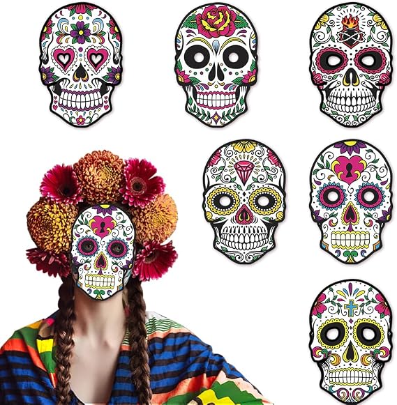 6 PCS Sugar Skull Halloween Masks, Dia de los Muertos Costume Masks for Party Photo Booth Props - sugar skull makeup