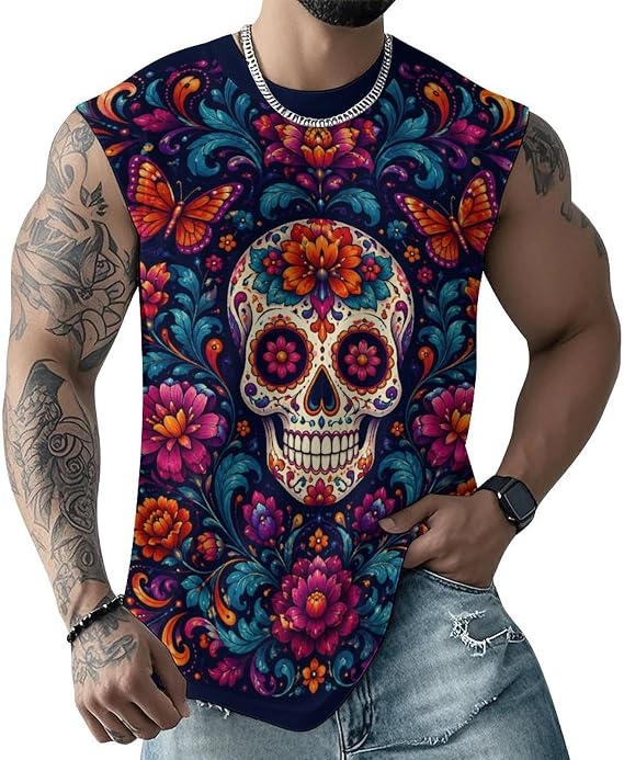 Mens Sleeveless Workout Tank Top Muscle Shirt Vintage Deer Skull - skull tank tops