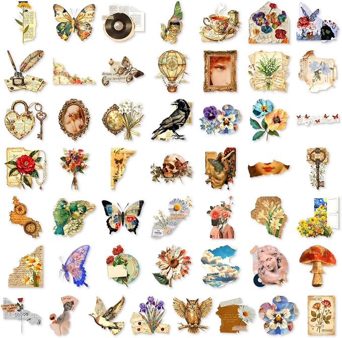 50Pcs Vintage Dark Academia PET Stickers, Retro Gothic Skull Butterfly Floral Aesthetic Stickers, Waterproof Decorative Decals for Journal Scrapbooking Water Bottle Laptop DIY Crafts - skull sticker