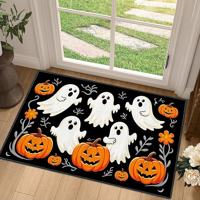 Halloween Area Rug 2×3,Non-Slip Low Pile Doormat,Cute Ghost with Jack O Lantern Pumpkin Welcome Mat,Indoor Outdoor Entry Rug with Dot Backing for Entryway Patio Home Decor