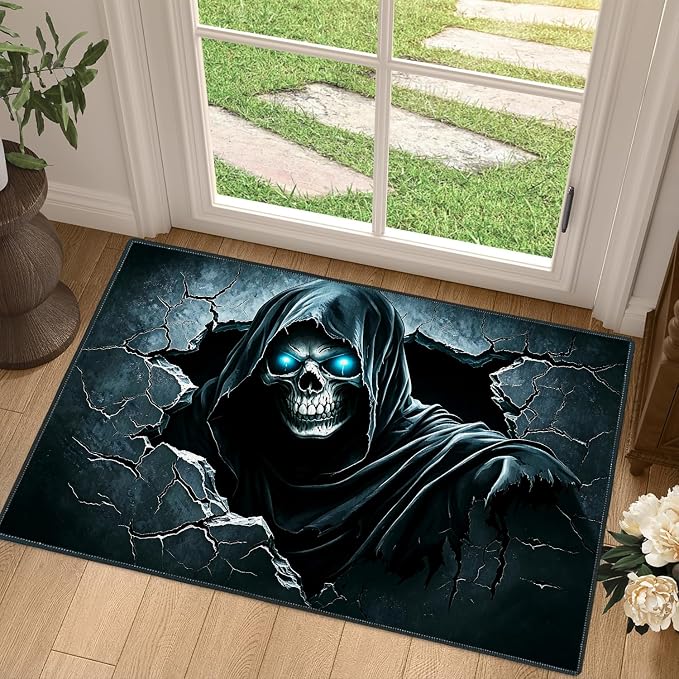 Grim Reaper Halloween Doormat 2x3,Non-Slip Low Pile Entry Rug,Cracked Wall Skeleton with Glowing Blue Eye Horror Mat,Indoor Outdoor Floor Mat for Entryway,Front Door,Kitchen,Home Decor - skull floor mat