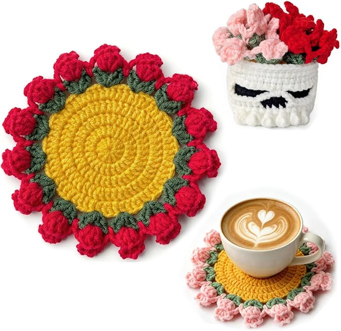 Handmade Crochet Coaster Set with Basket Holder Floral Knitted Drink Coasters, Creative Novelty Desk Decor for Coffee Table, Unique Housewarming Gift (White Skull, 1Set) - skull coaster