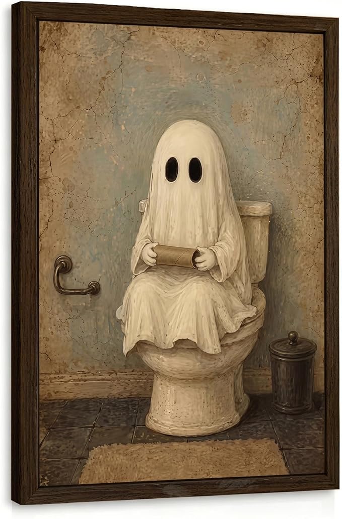 IAFWZX Wood Framed Funny Spooky Ghost Halloween Bathroom Wall Art 12x16 in - skull toilet paper