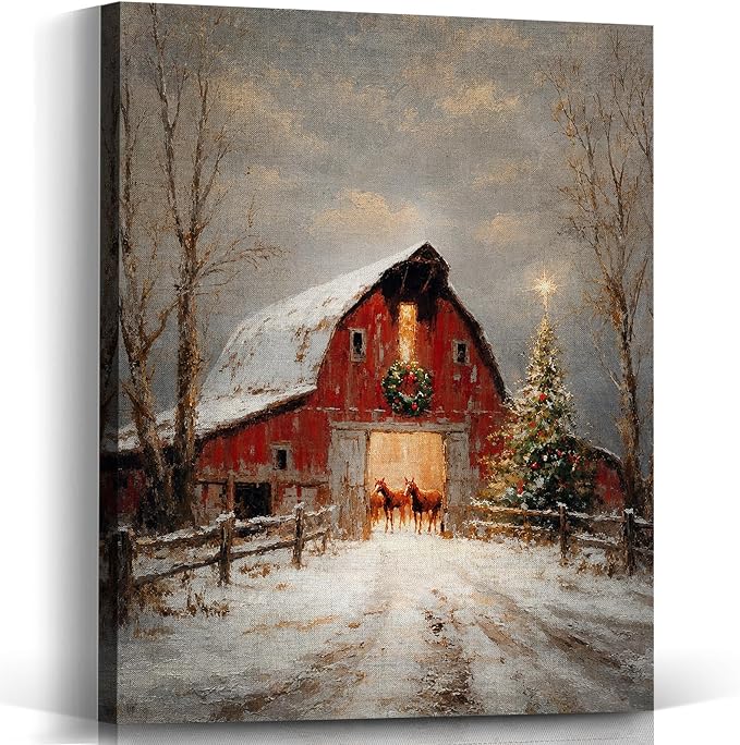 Voxitura Vintage Christmas Red Barn Farmhouse Wall Art Canvas Prints 12x15 - skull painting