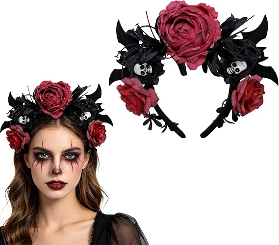 Halloween Mexican Flower Headband Day of the Dead Headpiece Black Gothic Vampire Skull Flower Hair Hoop for Halloween Cosplay Party - skull headband