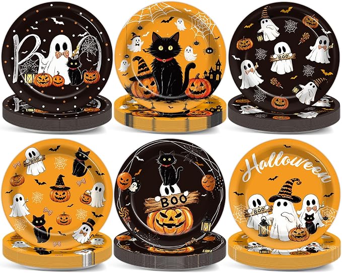 48 Pcs Halloween Party Paper Plates Black Cat Pumpkin Ghost Boo Tableware - skull plate