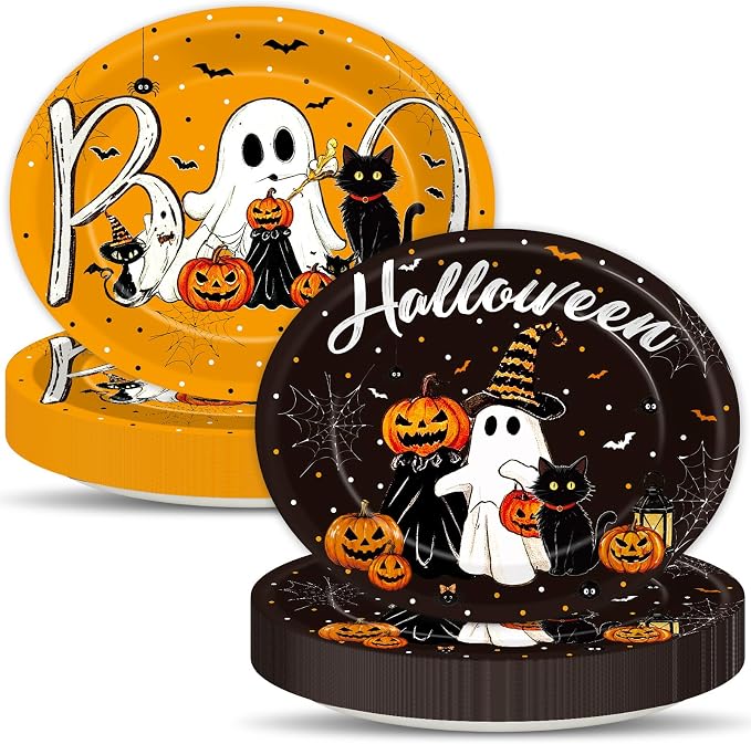 50 Pcs Halloween Party Oval Paper Plates Boo Black Cat Pumpkin Party Plates - skull plate