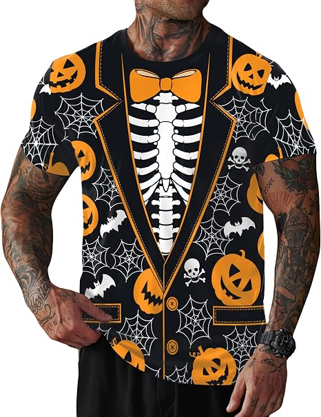 Mainfini Men’s Halloween 3D Print T-Shirt Skull Pumpkin Funny Graphic Shirt