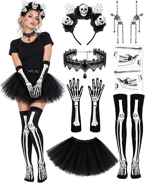 11Pcs Halloween Skeleton Costume Accessories for Women with Tutu Skirt - sugar skull dress