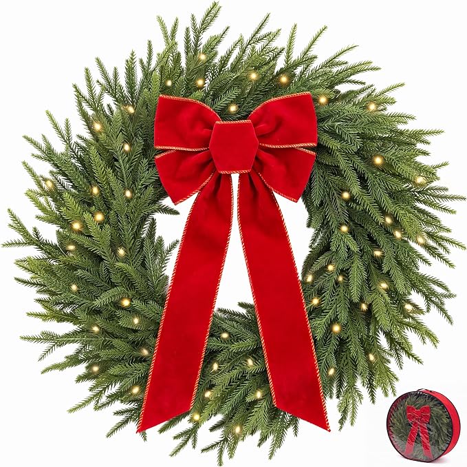 26 Inch Large Norfolk Pine Christmas Wreath for Front Door, Real-Touch & Pre- Lit Christmas Door Wreath with Wired Gold Trim Red Bow & Storage Bag, for Porch Window Outdoor Decoration - skull wreath