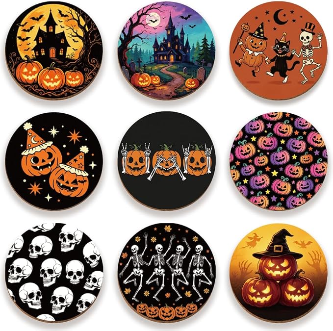 9Pcs Halloween Drink Coasters Skull Pumpkin Cup Mats for Decor - skull coaster