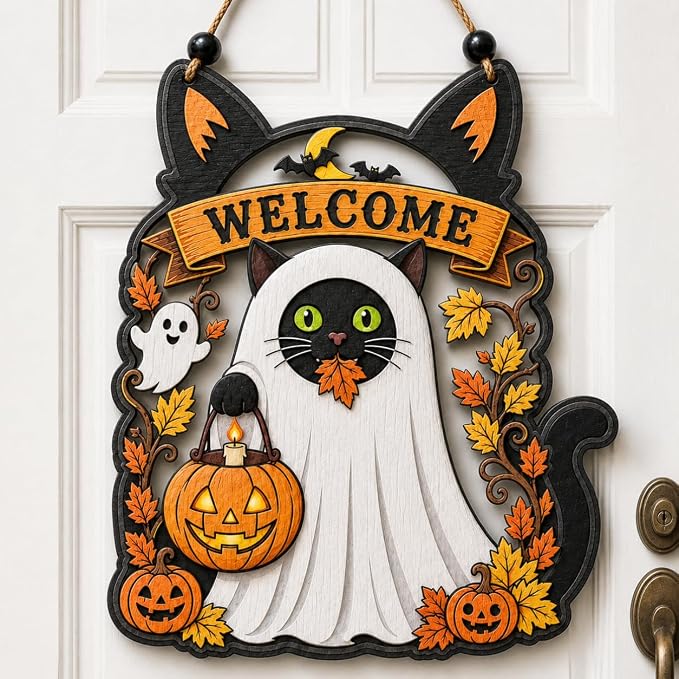 Black Cat Wreath Halloween for Front Door, Black Cat Halloween Decorations - skull wreath